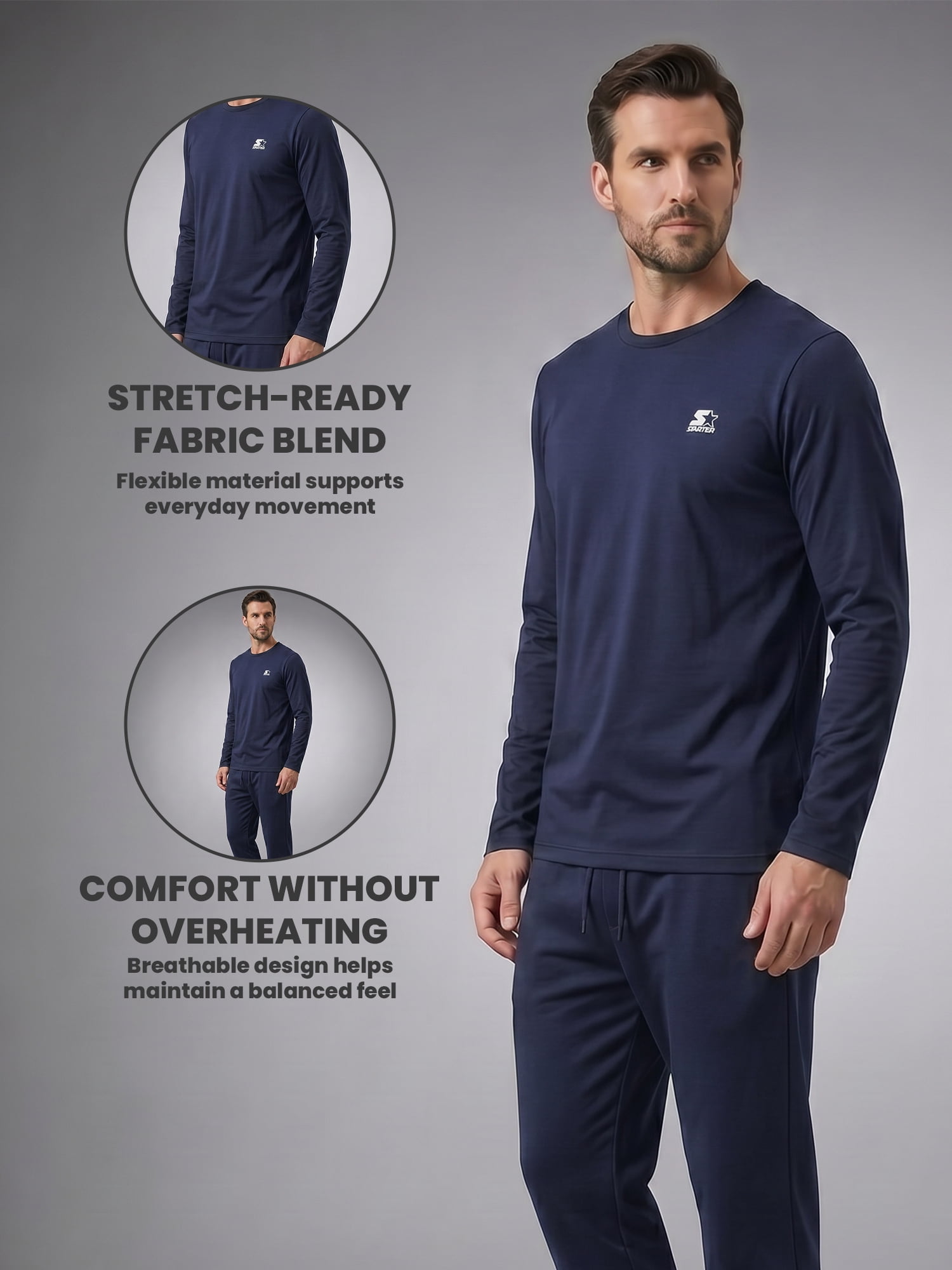 Starter Men's Pajamas 2-Piece Super Soft Long Sleeve Top and Pant Set, Navy, XL