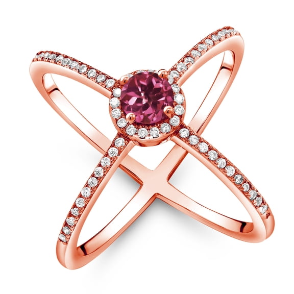 Gem Stone King 1.34 Ct Round Pink Tourmaline 18K Rose Gold Plated Silver Criss Cross X Ring (Size 6)
