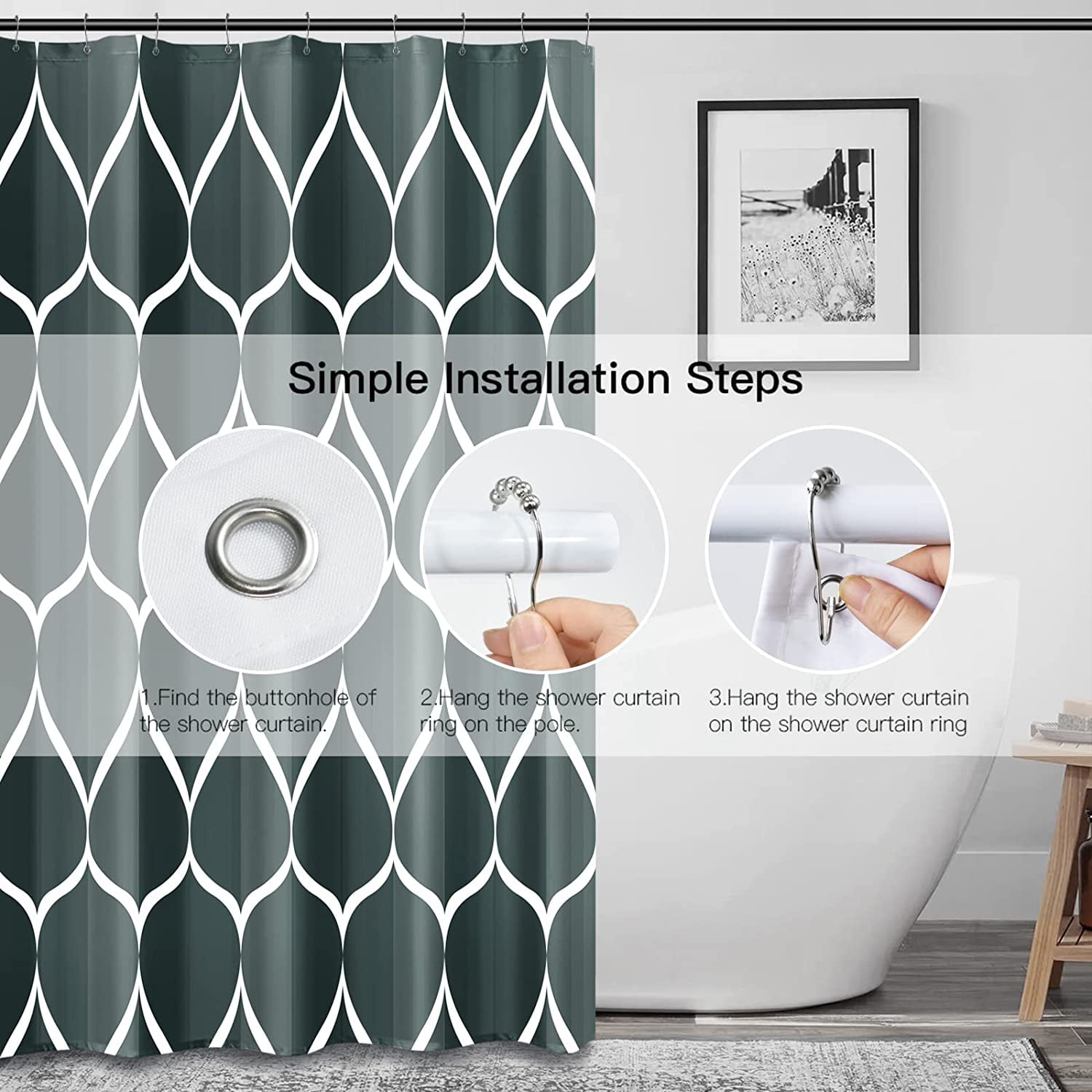 Black Dark Green Geometric Shower Curtain,Waterproof Design and Polyester,Quick-Drying,Weighted Hem,Black Green Shower Curtains Set for Bathroom W 72 x H 72,Durable and Washable with 12 Hooks