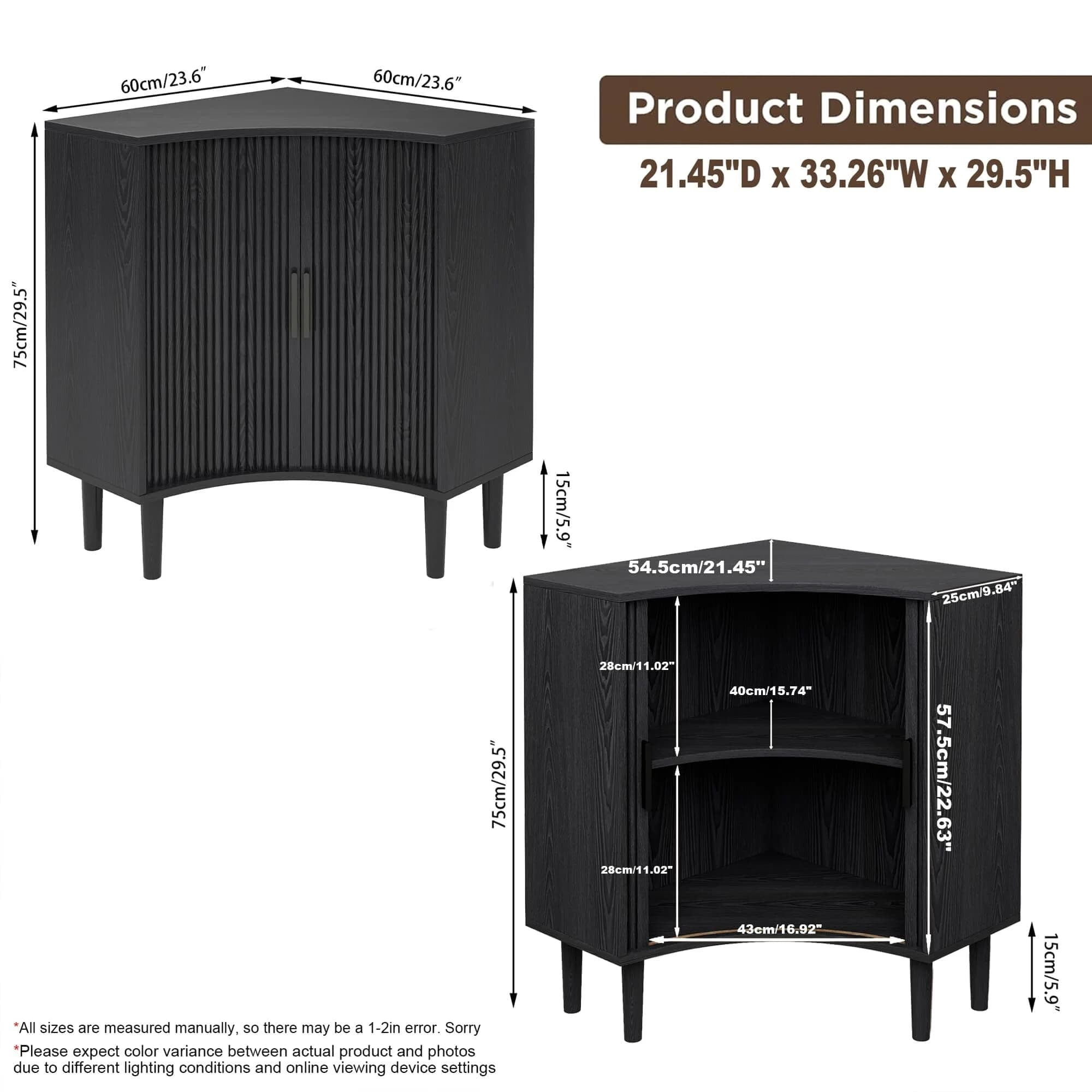 Modern Fluted Corner Cabinet with Sliding Doors, Small Wood Corner Storage for Small Space, Black