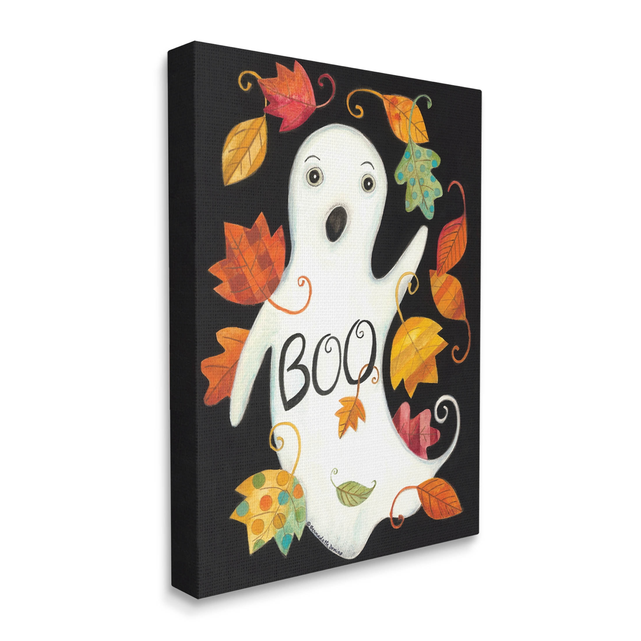 Vintage Boo Ghost Patterned Leaves Holiday Graphic Art Gallery Wrapped Canvas Print Wall Art