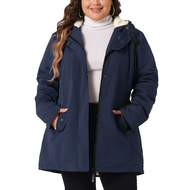 Abrigo de mujer plus size Agnes Orinda, chaqueta con capucha forrada de felpa, cintura elástica, cierre de cremallera y botones, mangas largas, parka con bolsillos, 1X azul oscuro