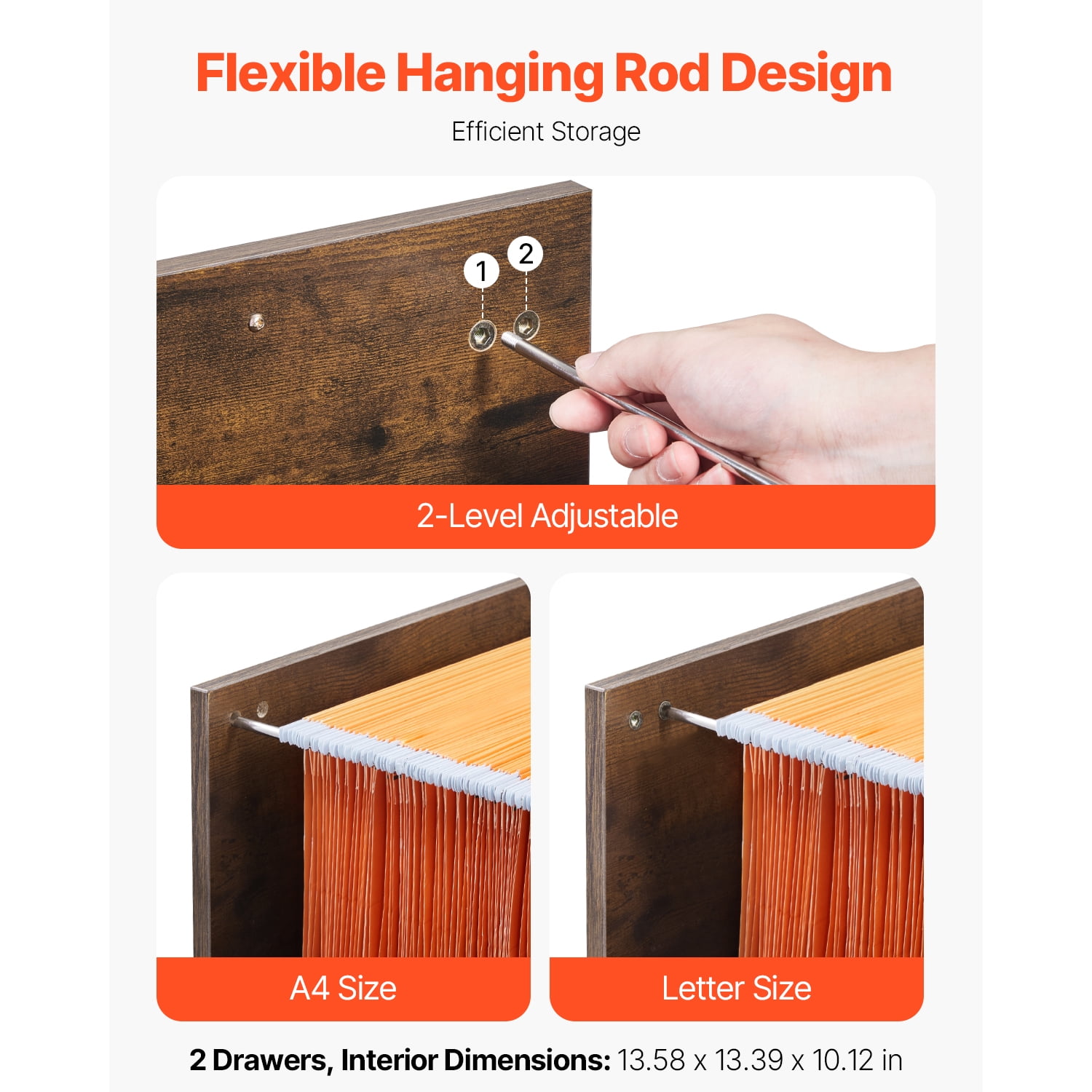 KFFKFF Dual Drawer File Organizer, Vertical Storage Units for Home Workspace, Robust Cabinet with Adjustable 2-Tier Hanging Bar, Suitable for A4/Letter/Legal Size Documents, Simple Assembly