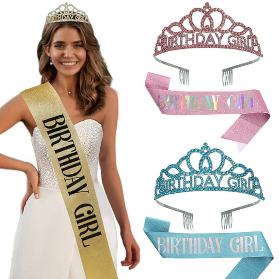Yoyauz Women's Birthday Crown & Belt Queen Crystal Crown Rhinestone Hair Band Set Happy Party Decoration Accessories Girls Princess Gift Set