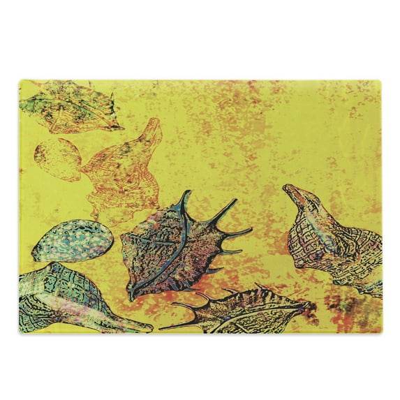 Seashells Cutting Board, Faded Style Distressed Backdrop with Seashells Underwater Marine Theme, Decorative Tempered Glass Cutting and Serving Board, Large Size, Yellow Teal, by Ambesonne
