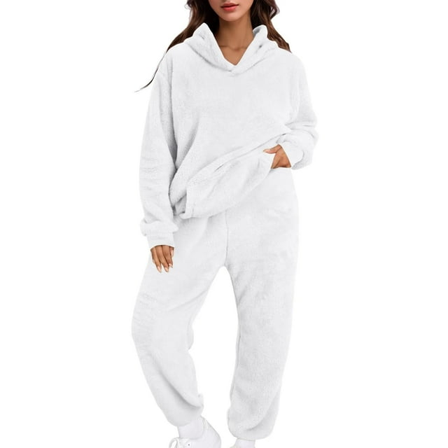 Womens Pajama Sets Hoode Fuzzy Fleece 2 Piece Long Sleeve Pullover Top Wide Leg Warm Pants Lounge Pj Set