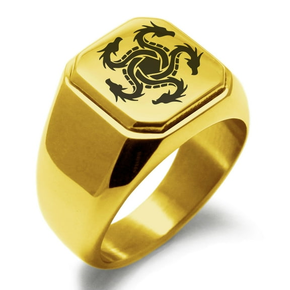 Tioneer Stainless Steel Greek Mythology Hydra Engraved Square Flat Top Biker Style Polished Signet Ring