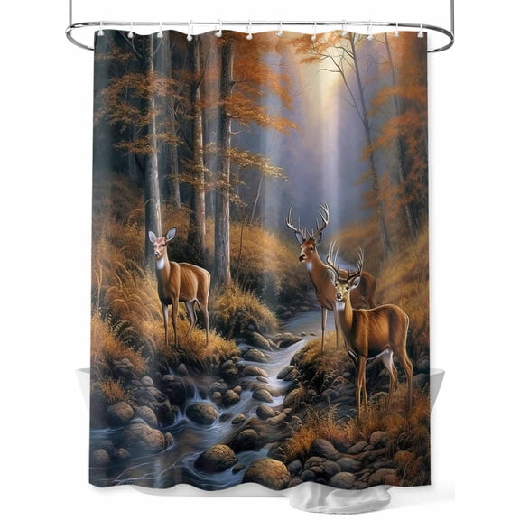 Deer in Shower Curtain, Sunset Forest with Stream and Trees Waterproof Shower Curtain Set with 12 Hooks Lightweight Washable Fabric Shower Curtains for Bathroom 60x72 Inches