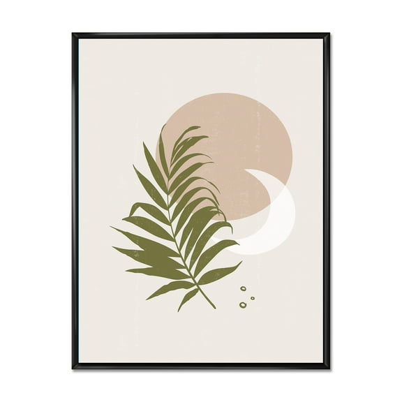 Designart 'Abstract Moon and Sun With Green Leaf II' Modern Framed Canvas Wall Art Print