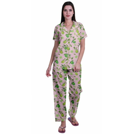 

Moomaya Notch Collar Button Down Printed Cotton Pajama Set For Women Nightwear
