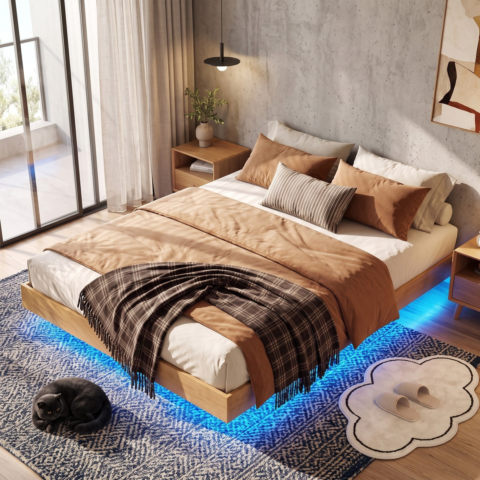 Furnibear Queen Size Bed Frame Floating Wood Platform Bed with RGB LED Lights and Remote Control for Bedroom, Natural