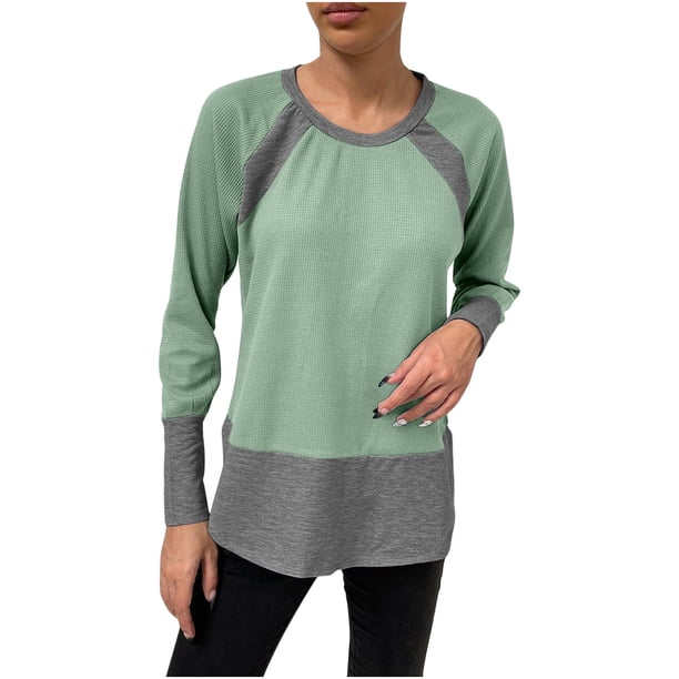 Blusa de moda para mujer Color sólido Cuello redondo Costura Manga larga Casual Tops Pompotops gfhjh15884