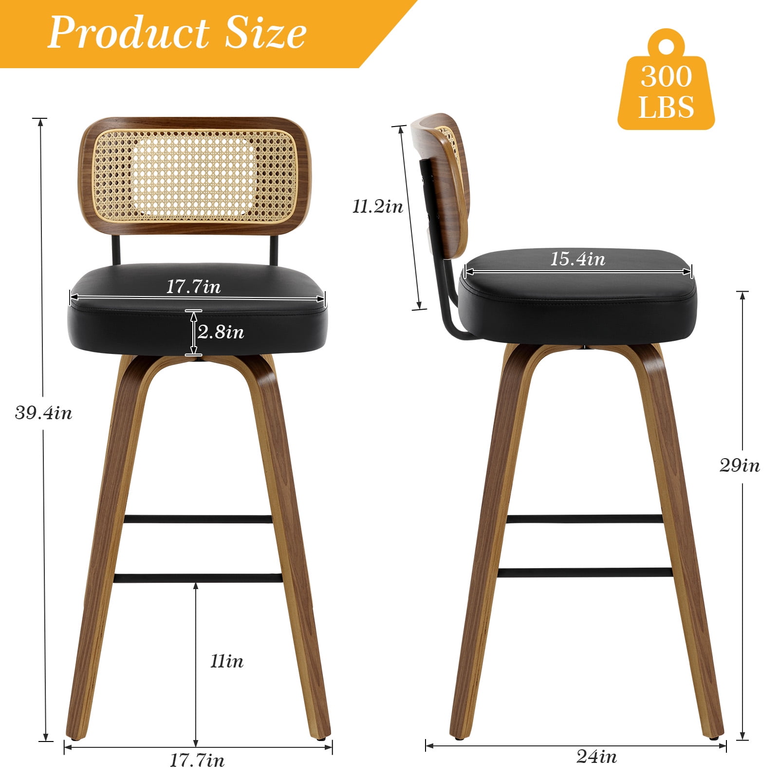 Foreate Swivel PU Bar Stools, Set of 1, 29" Bar Height Upholstered Leather with Rattan Back Wood Legs, Modern Chair Island Counter Stool for Kitchen, Black