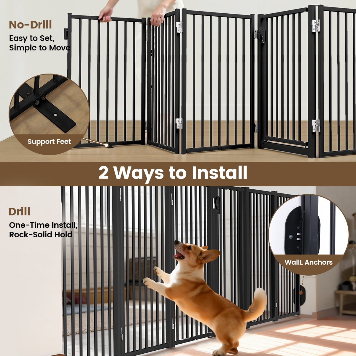 Dog Gate, Domipet 6 Panels Pet Gate Freestanding, 120''Extra Wide Dog Gate 32''Height Pet Playpen for Doorways, Black
