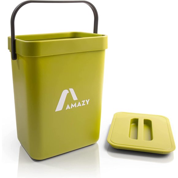 Jinsinto Kitchen Compost Bin - Plastic Kitchen Composter for Organic Waste - Table Top Bin with Lid - Small Under Sink Door Bin - Odor Proof - Green, 5L