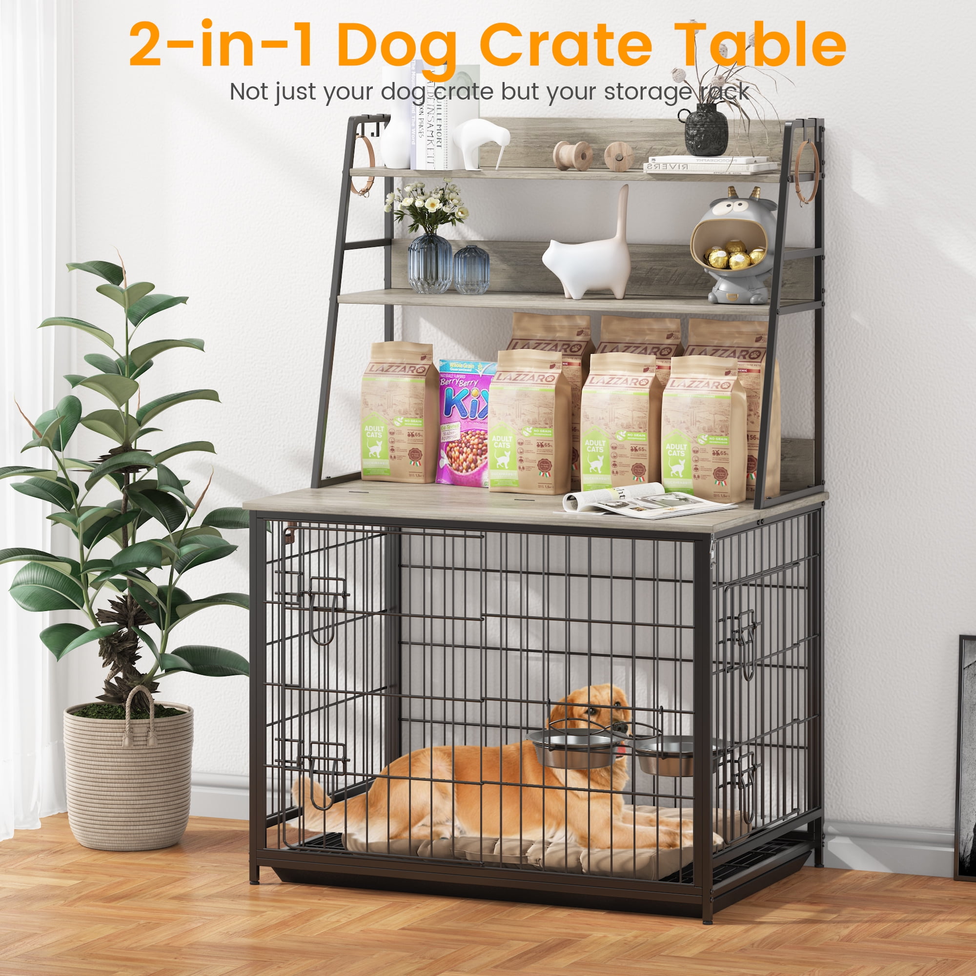 2 in 1 Wooden Dog Crate Dog Kennel with Flip up Top and Removable Tray Modern Double Doors Dog Crate Dog House with Two Adjustable Stainless Steel Bowls End Table Dog Crate Walmart