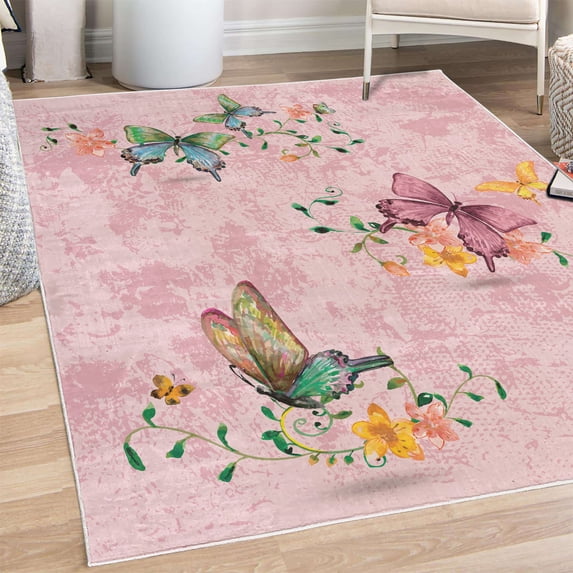 Butterfly Decorative Rug, Springtime Flying Moths on Vintage Style Background Wings Transformation, Quality Carpet for Bedroom Dorm and Living Room, 6 Sizes, Pale Pink, by Ambesonne