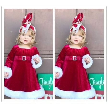 

Toddler Newborn Girls Christmas Waist Band Dress Santa Claus Red Long Sleeve Fur Velvet Party Dresses