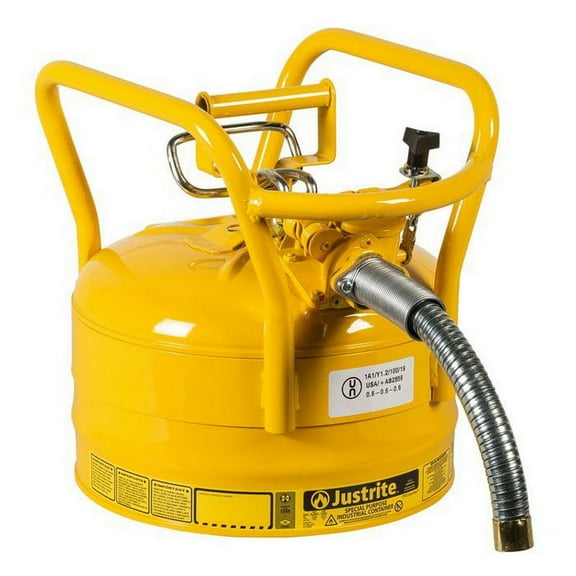 Justrite 7325230 2.5 Gallon, 1" Metal Hose, Roll Bars, DOT Transport Steel Safety Can for Diesel, Type II, Accuflow, Yellow - 7325230