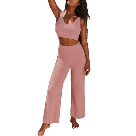 

JBEELATE Womens Fuzzy Pajamas 2 Piece Outfit Set Warm Fleece Crop Tops + Pants