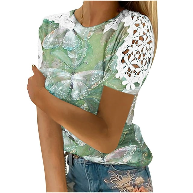 CEHVOM Mode Femme Été Col Rond Loisirs Manches Courtes Imprimé Dentelle Couture Hauts