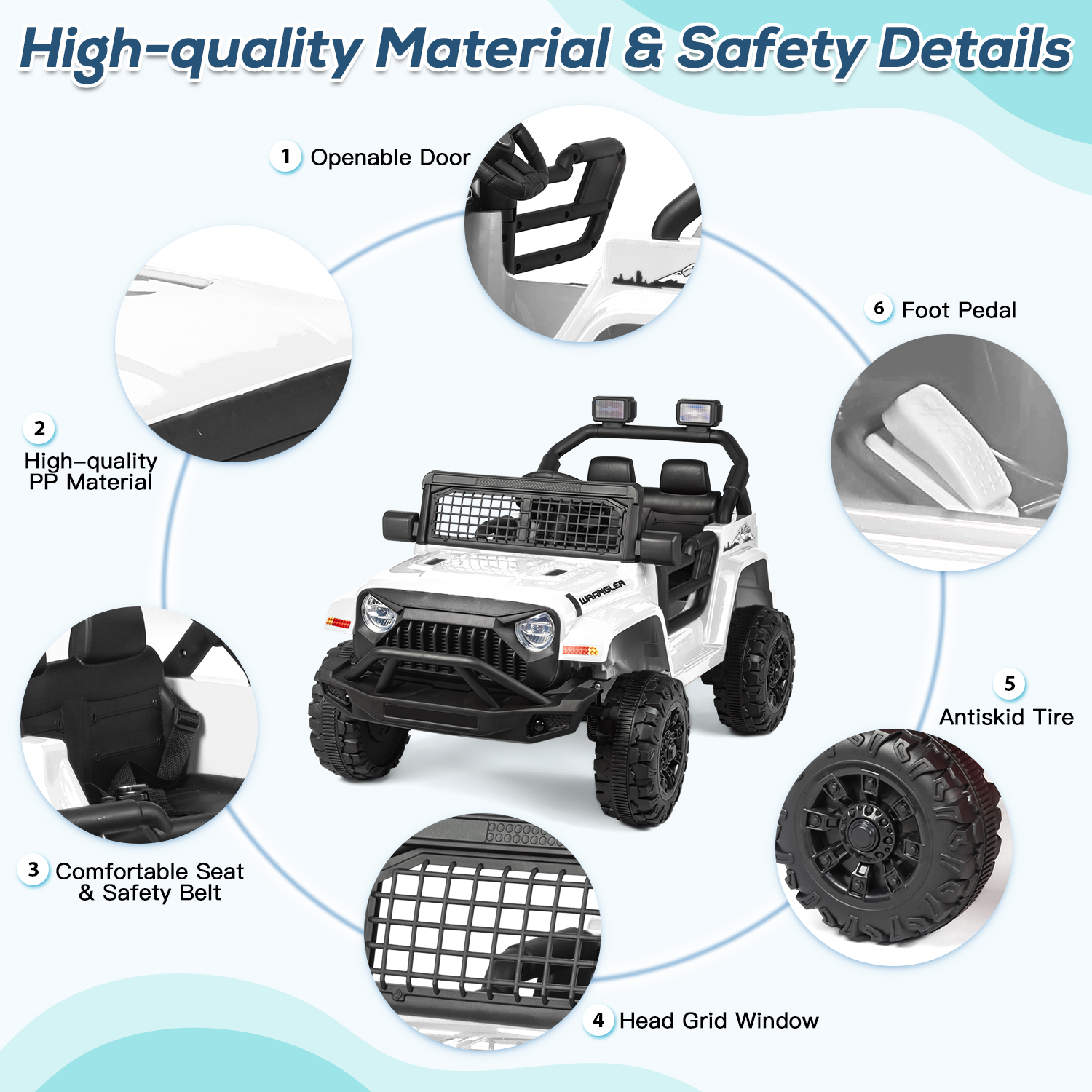 Erinnyees Ride on Jeep Car 12V Kids Electric Vehicles with Parent Remote Control, Safety Belt,Forward and Reverse Functions,Battery Powered,Spring Suspension,Music and Lights-White