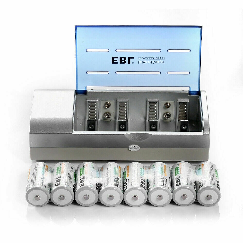 EBL 8Pack 5000mAh NiMH Size C Cell Rechargeable Batteries + Battery Charger for C D 9V NiCD