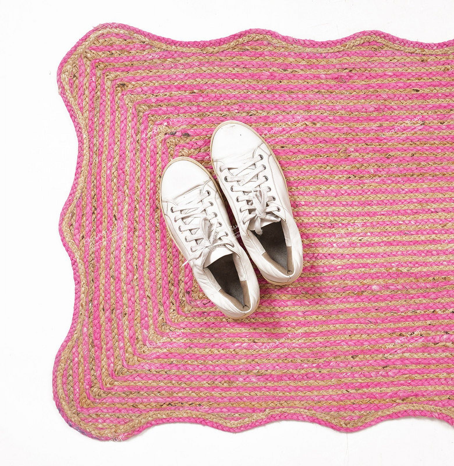 Rectangle Rug Natural Jute Rug Hand Braided Beige and Pink Color Rounding Line Area Rug