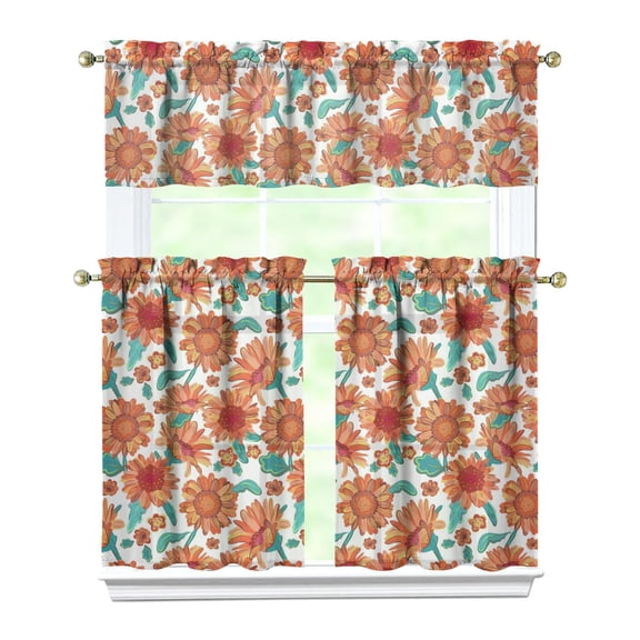 3-Piece Sunflower Kitchen Curtain Set - Ruffled Valance and Tier Curtains with Rod Pocket, Fresh Floral Pattern for Farmhouse Kitchen Windows Decor, 54"x18"   27.5"x36"x2