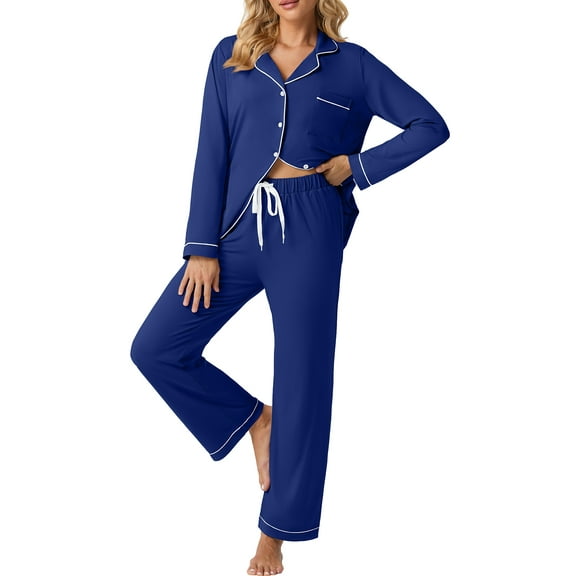 Cueply Womens Pajama Sets Long Sleeve Knit Button Down Pj Lounge Sets Sleepwear with Drawstring Pockets