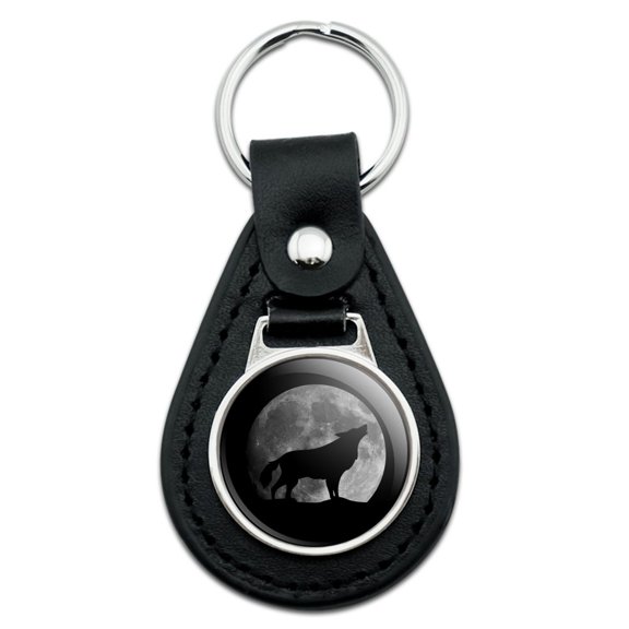 Wolf Howling Moon Silhouette Black Leather Keychain
