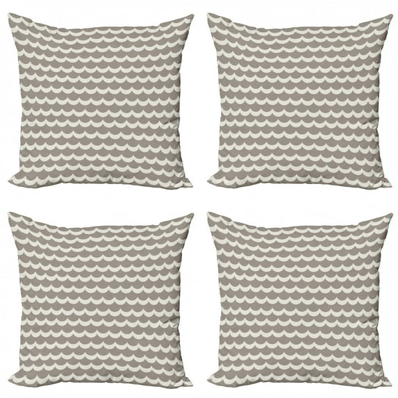 Geometric Throw Pillow Cushion Case Pack of 4, Fish Scale Inspired Monochrome Wavy Rows Repeating Flooring Pattern, Modern Accent Double-Sided Print, 4 Sizes, Dimgrey and Pale Grey, by Ambesonne
