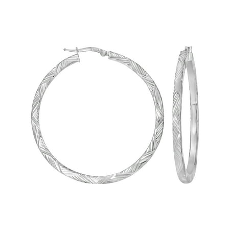 925 Sterling Silver Womens Diamond-Cut Patterned Square Tube Hoop Earrings