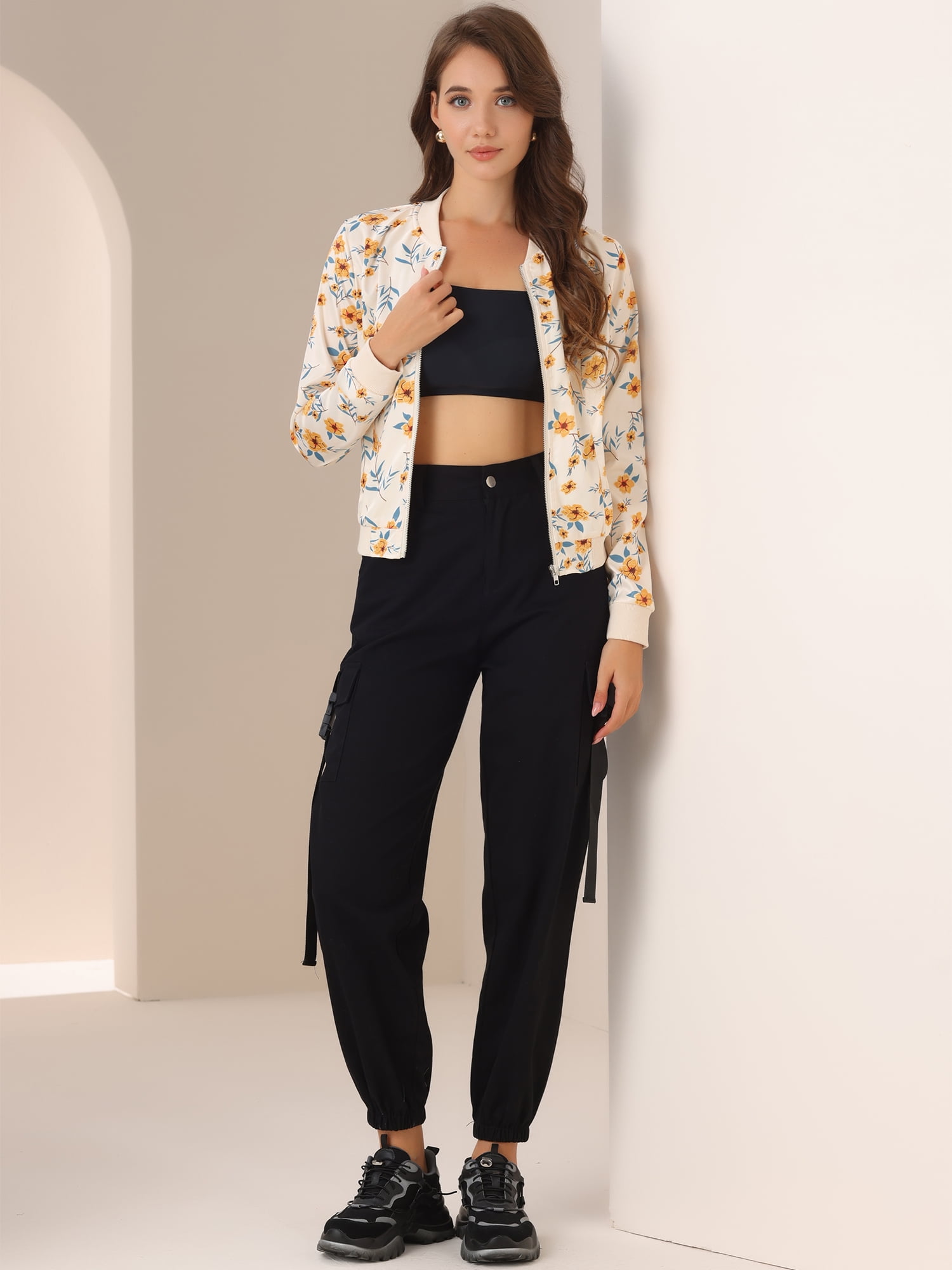 DARING DIVA Women's Stand Collar Front Zipper Satin Bomber Jacket S Apricot Blue