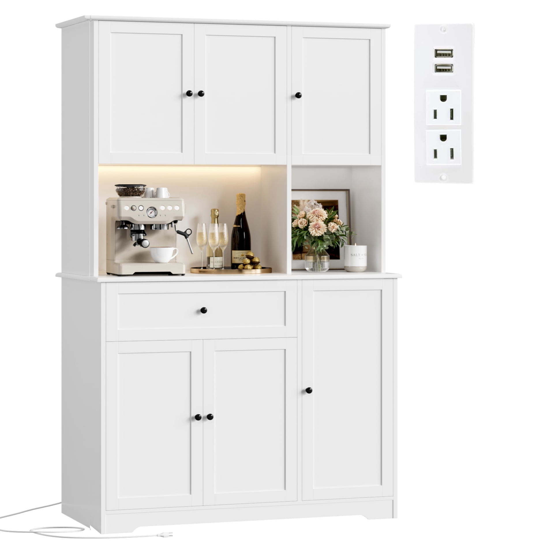 Hiphuta 71" Kitchen Pantry with 7-Color LED Light and Charging Station, Tall Pantry Cabinet with Microwave Stand, Modern Freestanding Hutch with Storage Drawer for Dining Room, White