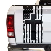 Distressed American Flag with Cross Truck Tailgate Vinyl Decal Compatible with Most Pickup Trucks Faith Patriotic Christian Cross USA Sticker (11" x 25", Black)