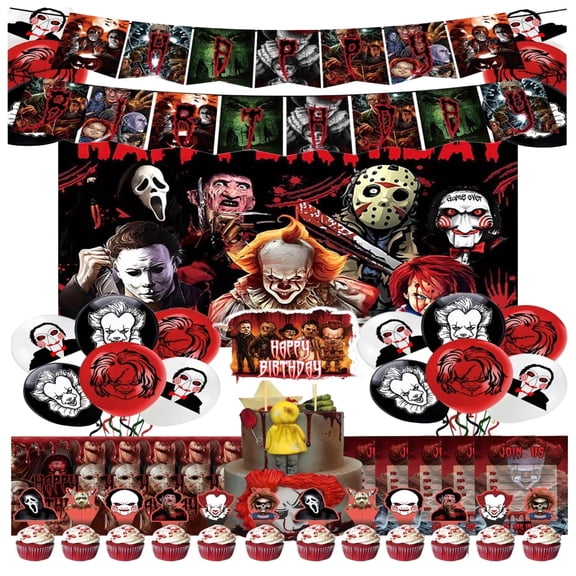 Horror theme birthday party decorations set, horror clown theme party favors, party supplies set includes banners, balloons, cake decorations, backdrop