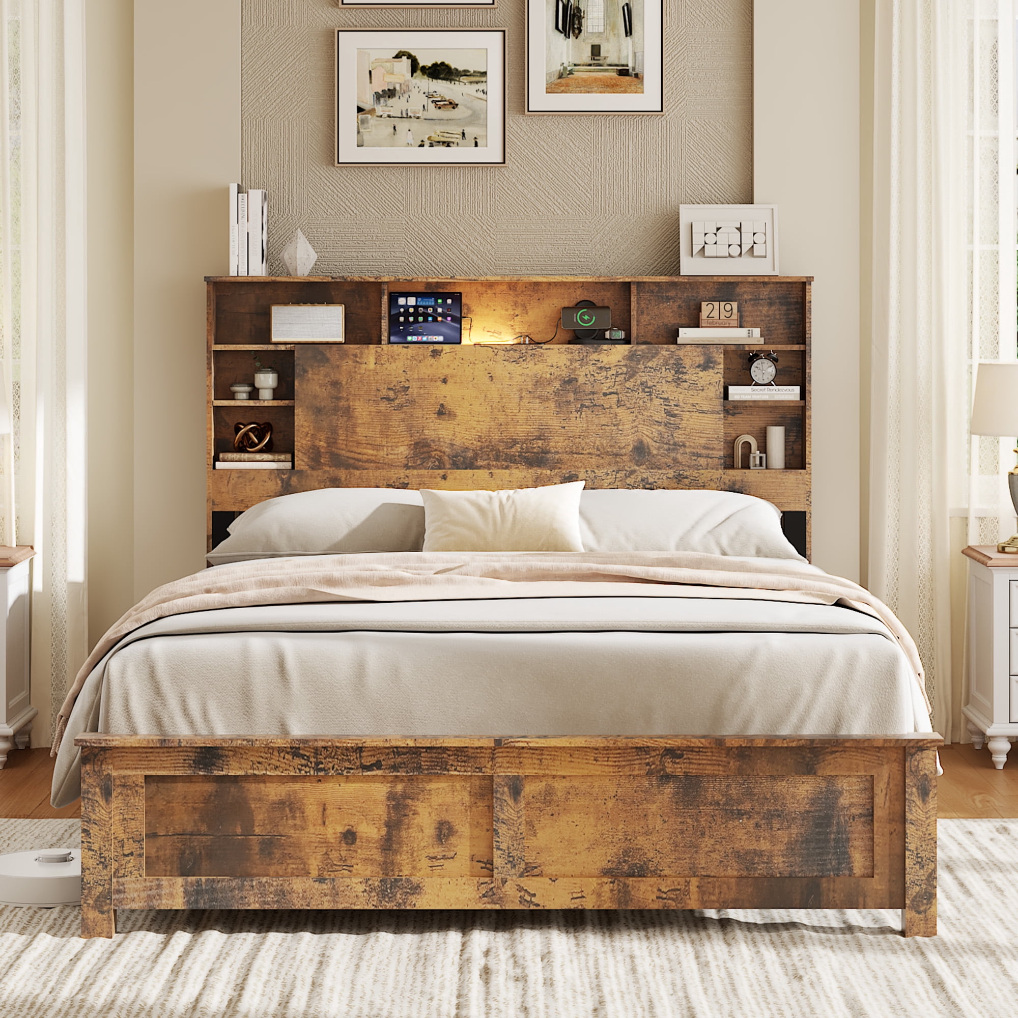 Full Bed Frame 81.02 Inch, Storage Headboard with Charging Station and LED Lights, Wood Platform Bed with Bookcase, No Box Spring Needed, Dark Brown