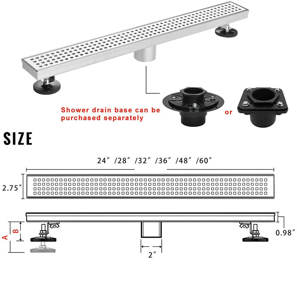 Linear Shower Drain 28 inch Removable Square Hole Pattern with Hair Strainer 