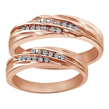 - White Natural Diamond His And Hers Wedding Band Ring Set in 14K Rose Gold (0.14 Cttw)