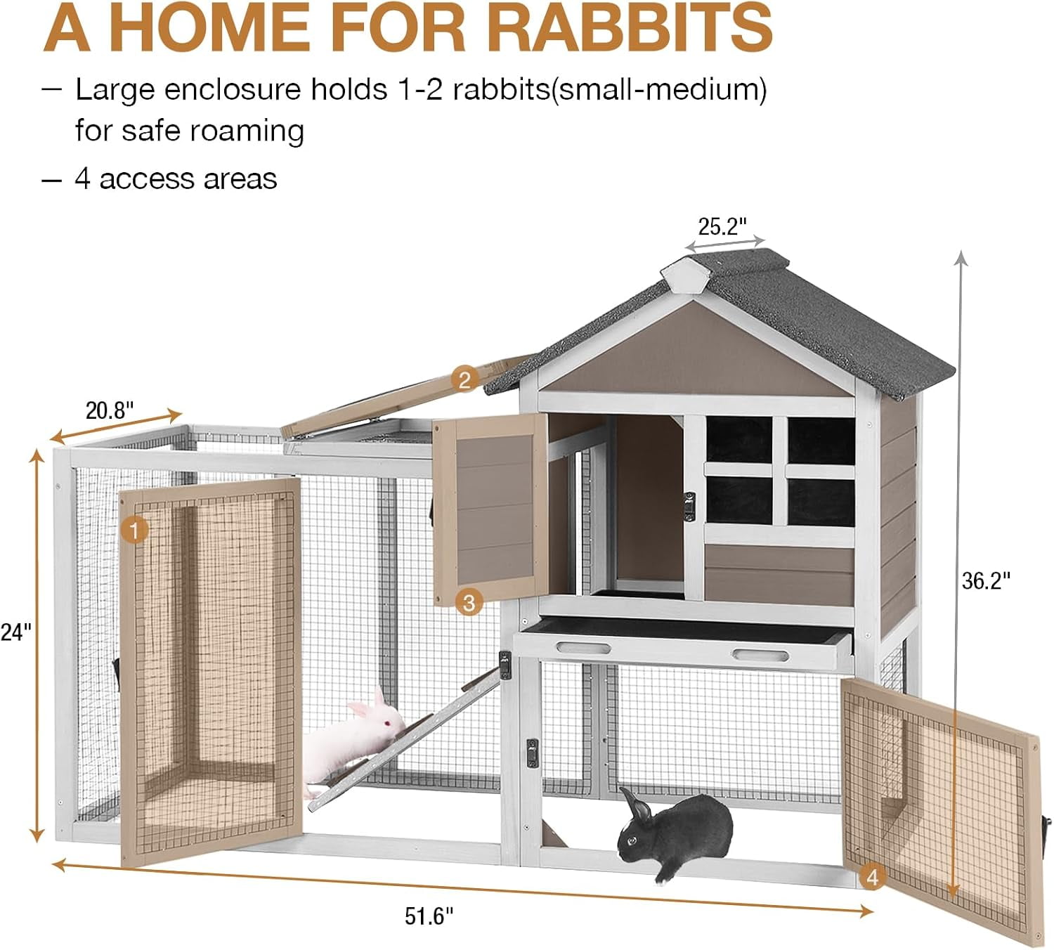Aivituvin 51.6''L Rabbit Hutch Outdoor Chicken Coop, Indoor Bunny Cage with Run, Guinea Pig House with Pull Out Upper Tray, Brown