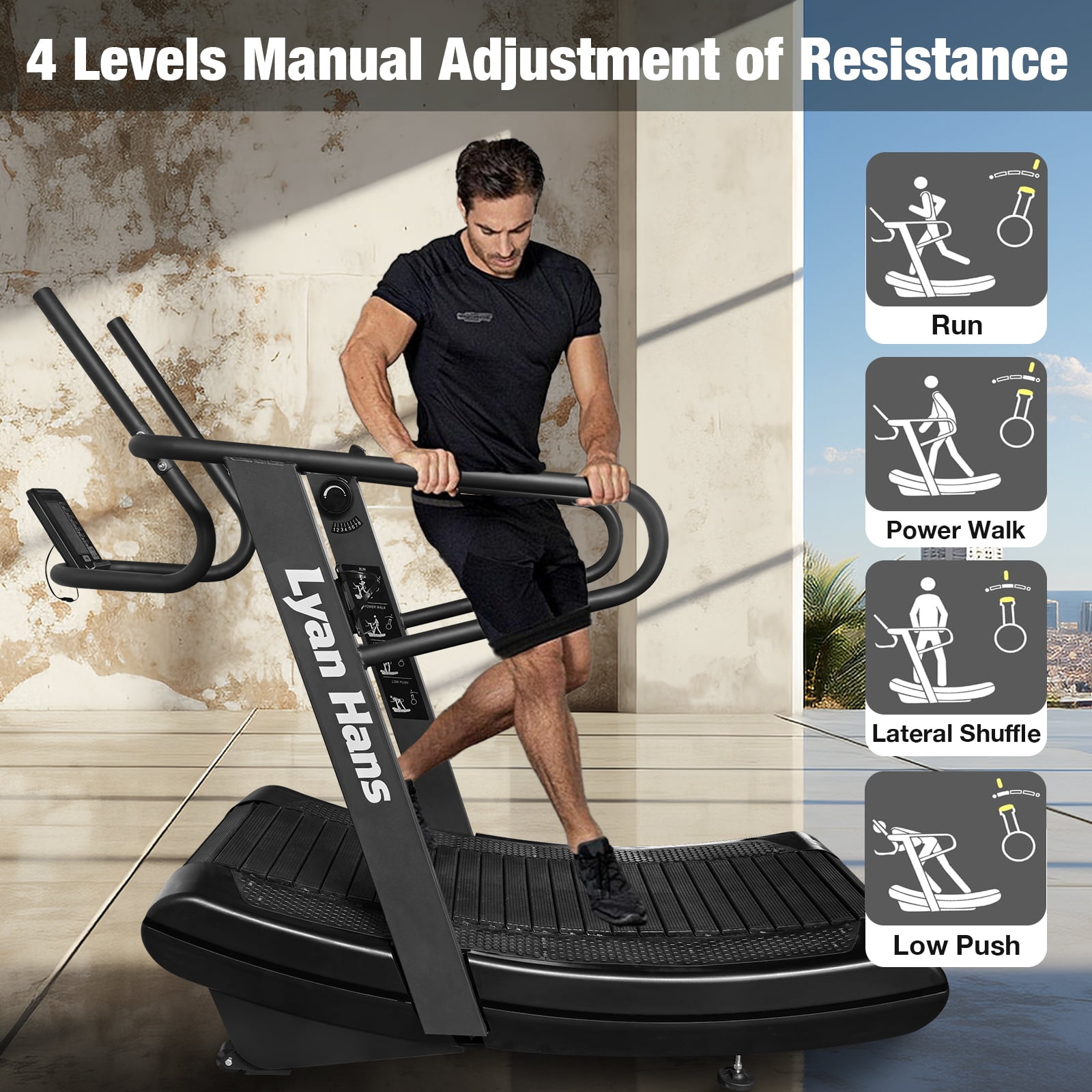 Curved Manual Treadmill, Non-Electric Curve Treadmill with 4 Resistance Levels, Self-Generated Air Runner with LCD, Commercial Motorless Treadmills for Home Gym, 450LBS Capacity, Black