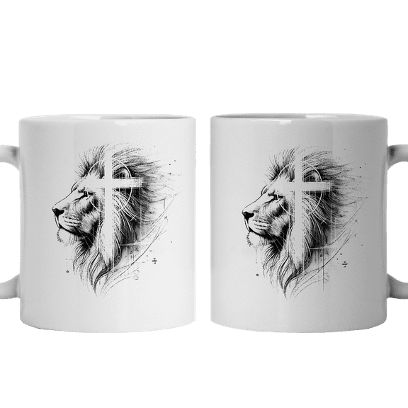Lotusprinthandmade Lion and Christian Jesus-Symbolic Lion White Ceramic Mug (11oz) (Made In US), Faith-based Coffee Mug, Religious-themed Drinkware
