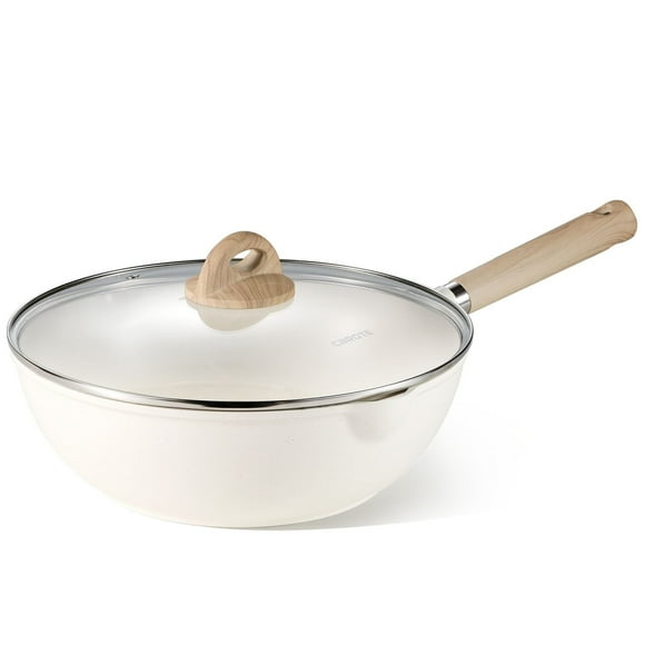 CAROTE Nonstick Wok 12" Skillet Induction White Granite Asian Wokpan Non Stick Saute Pan with Cover Bon Appetit Fry Pan 5.8QT Chicken Fryer