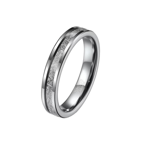 PAMTIER 4mm Unisex Tungsten Steel Inner Arc Beveled Edge Carbon Fiber Meteorite Inlaid Wedding Ring Statement Promise Comfort Fit Silver Size 6
