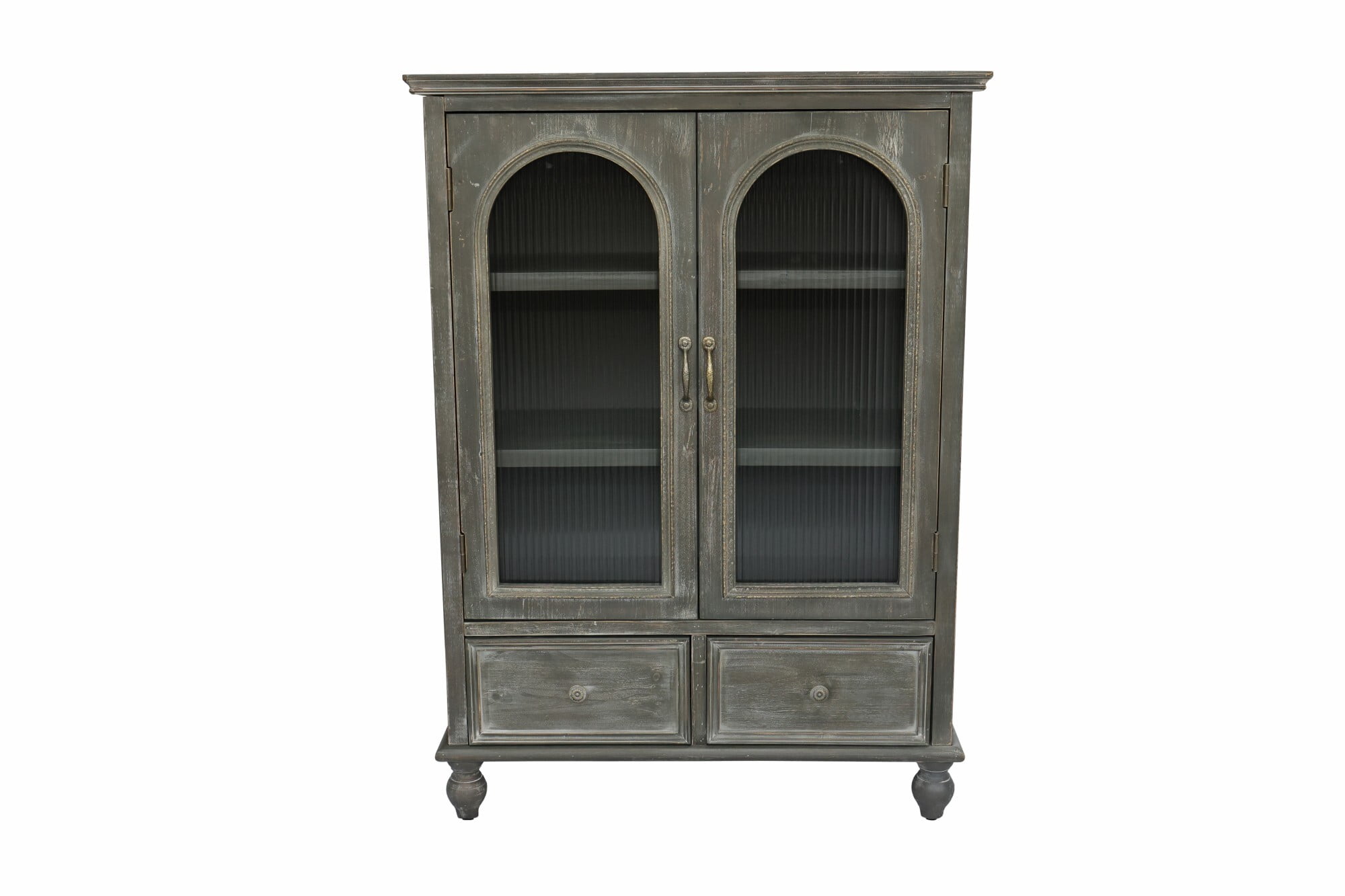 AENKYO 48" Farmhouse Storage Cabinet, Wood Kitchen Pantry with Arched Fluted Glass Doors & 2 Drawers, Gray