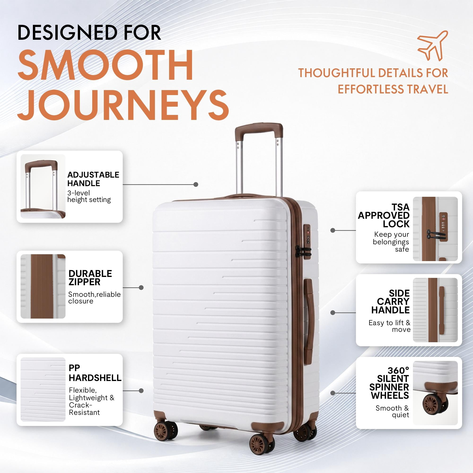 3-Piece PP Hardshell Luggage Set, Lightweight Scratch-Resistant Suitcases with Silent Spinner Wheels & TSA Lock, White