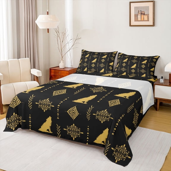 Feelyou Tribal Wolf Adult Twin Sheet Sets, Bohemian Western Aztec Bedding, 3-Piece
