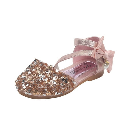 

Toddler Little Girl Dress Shoes Cute Fashion Pearl Bow Sequins Non-Slip Small Leather Princess Shoes