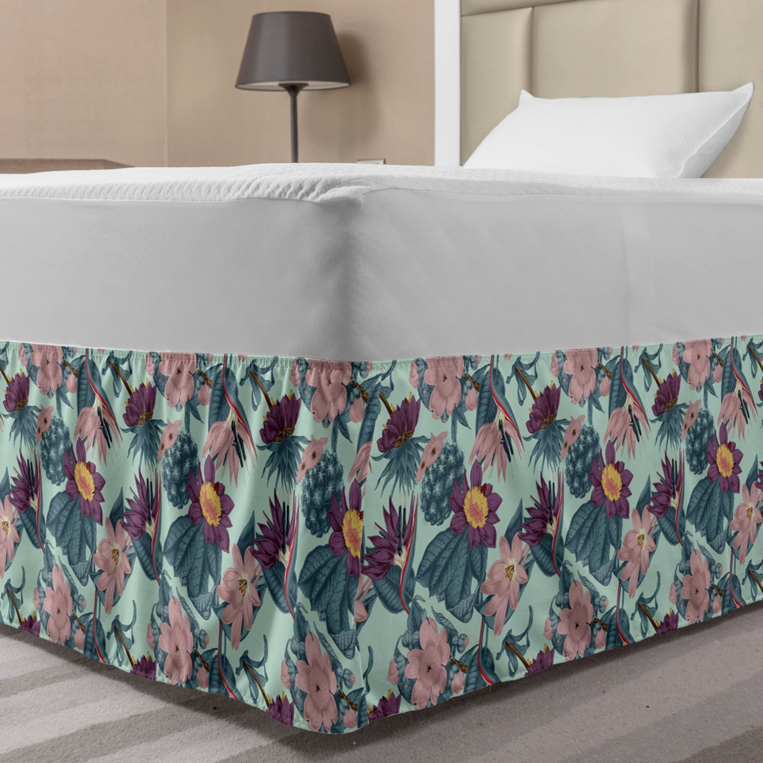 Floral Bed Skirt, Demonstration of Wild Flowers Petals Leaves Tropical